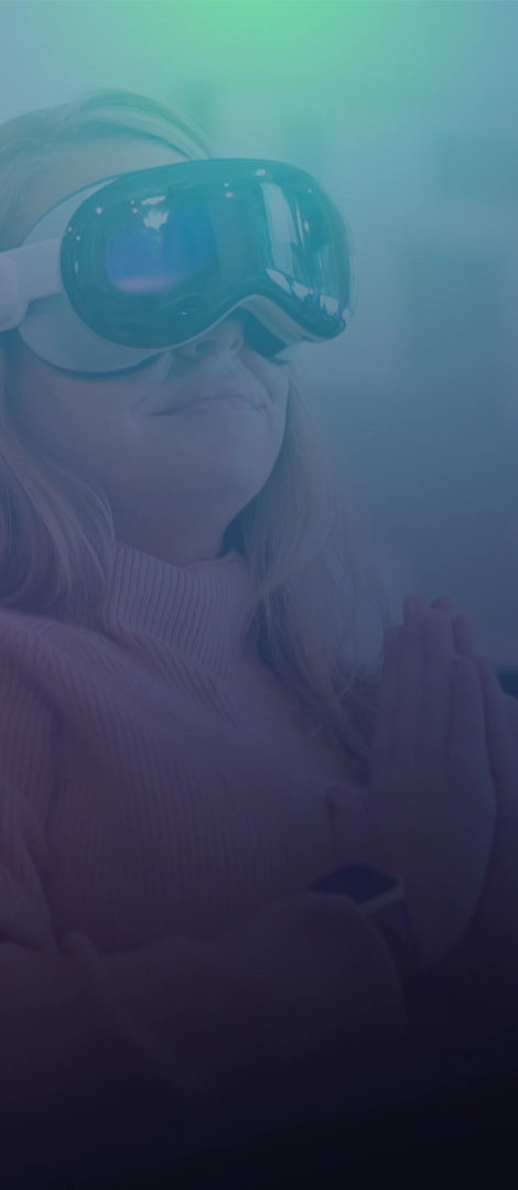 A photo of a someone meditating using an Apple Vision Pro